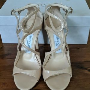 Jimmy Choo Lang 100mm Patent Nude Strappy Sandals